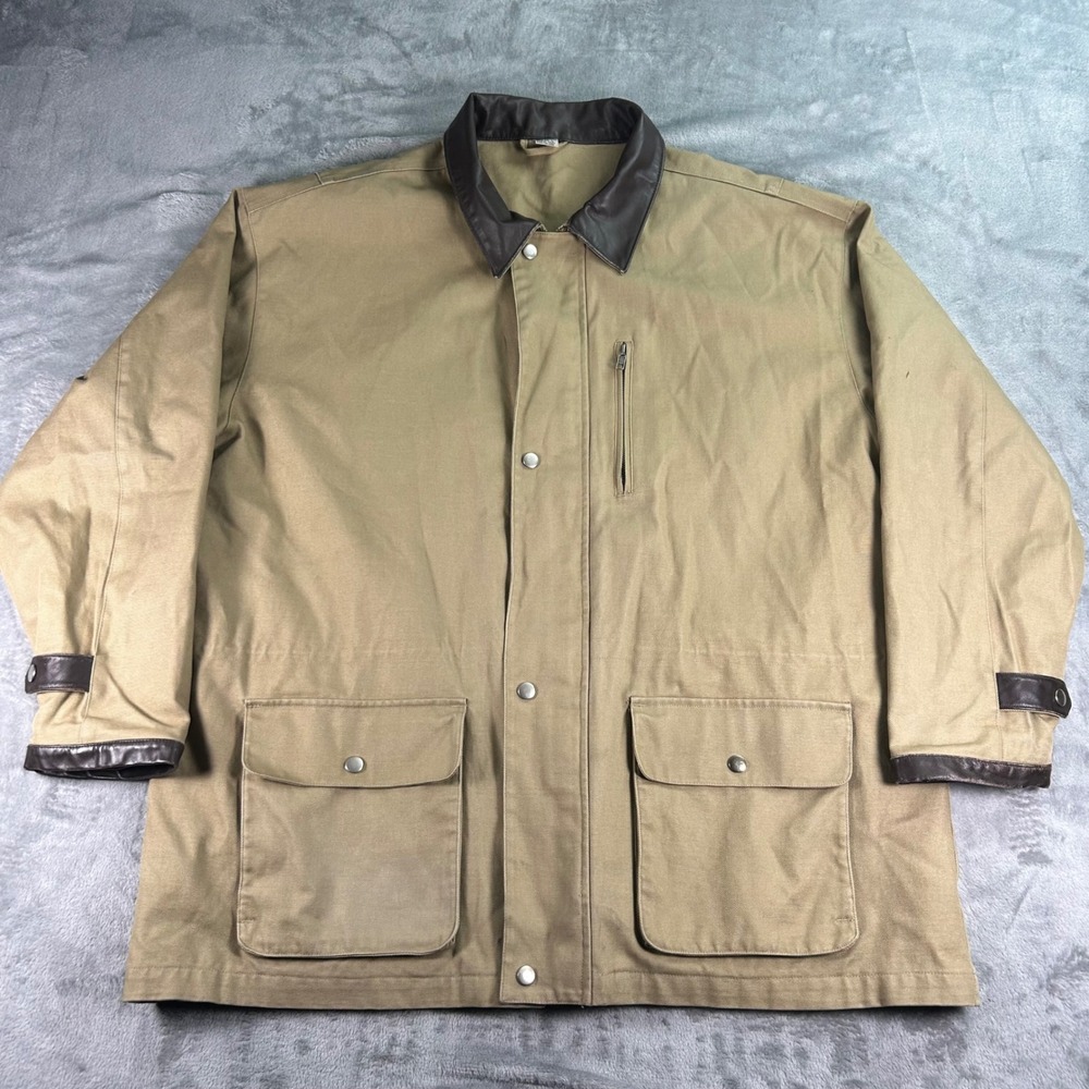 Vintage Canvas Field Jacket Leather Trim Barn Coat Tan XL